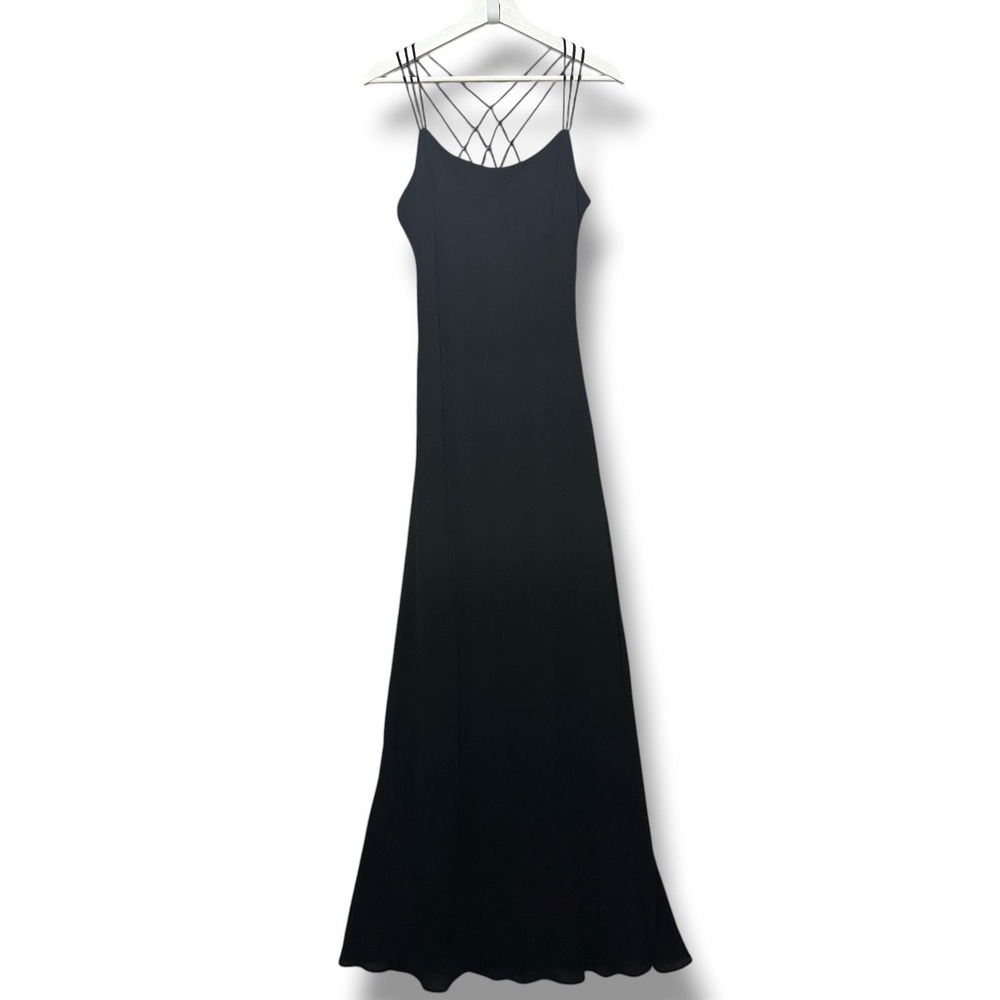 Vintage Cachet Black Formal Maxi Dress Back Strappy Criss-cross Lattice Size 10